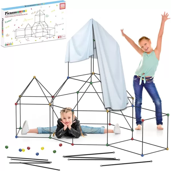 imagePicassoTiles Kids Fort Building Kit Playset 125 Piece Indoor and Outdoor Toy Set Fort Construction Builders Blocks Toys for Kids Boys Girls STEM Learning Castle System Tunnel Tent Rocket Pretend Play