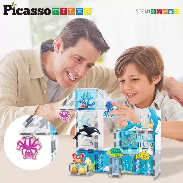 imagePicassoTiles Magnet Building Tile Blocks Addon 8 Magnetized Action Figures Construction Vehicle Zoo Animal Theme Compatible with Magnetic Build Tiles Playset STEM Learning Girls Boys Ages 3 PTA21Marine