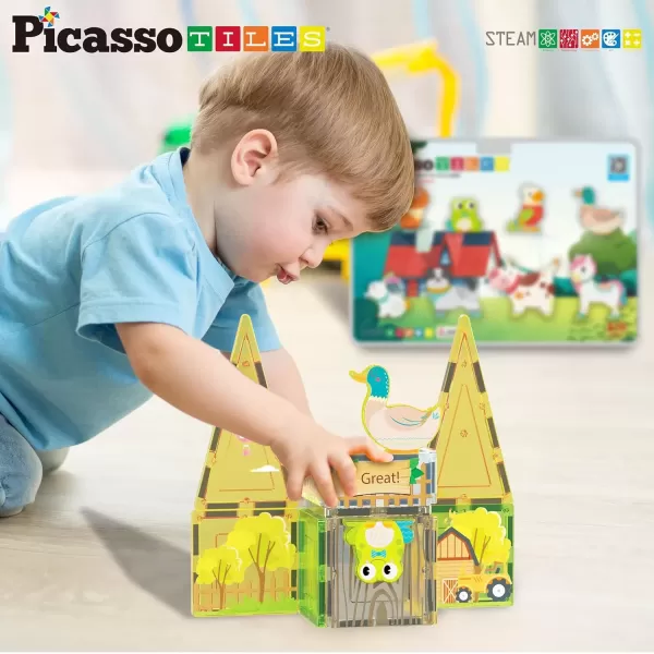 imagePicassoTiles Magnet Building Tile Blocks Addon 8 Magnetized Action Figures Construction Vehicle Zoo Animal Theme Compatible with Magnetic Build Tiles Playset STEM Learning Girls Boys Ages 3 PTA21Farm