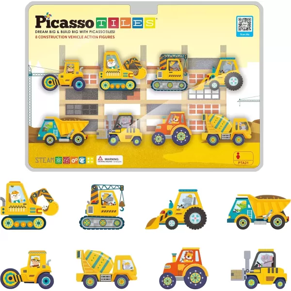 imagePicassoTiles Magnet Building Tile Blocks Addon 8 Magnetized Action Figures Construction Vehicle Zoo Animal Theme Compatible with Magnetic Build Tiles Playset STEM Learning Girls Boys Ages 3 PTA21Construction