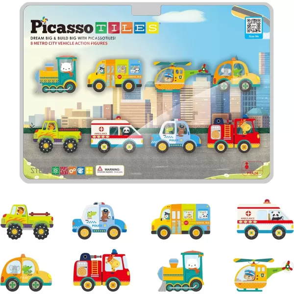 imagePicassoTiles Magnet Building Tile Blocks Addon 8 Magnetized Action Figures Construction Vehicle Zoo Animal Theme Compatible with Magnetic Build Tiles Playset STEM Learning Girls Boys Ages 3 PTA21Metro