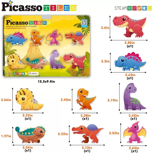 imagePicassoTiles Magnet Building Tile Blocks Addon 8 Magnetized Action Figures Construction Vehicle Zoo Animal Theme Compatible with Magnetic Build Tiles Playset STEM Learning Girls Boys Ages 3 PTA21Dinosaur