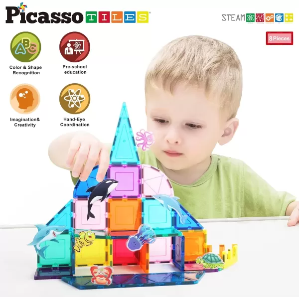 imagePicassoTiles Magnet Building Tile Blocks Addon 8 Magnetized Action Figures Construction Vehicle Zoo Animal Theme Compatible with Magnetic Build Tiles Playset STEM Learning Girls Boys Ages 3 PTA21Marine