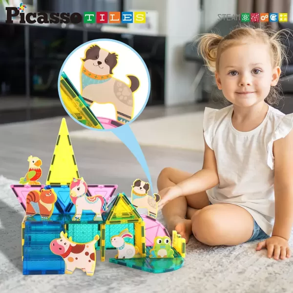 imagePicassoTiles Magnet Building Tile Blocks Addon 8 Magnetized Action Figures Construction Vehicle Zoo Animal Theme Compatible with Magnetic Build Tiles Playset STEM Learning Girls Boys Ages 3 PTA21Farm
