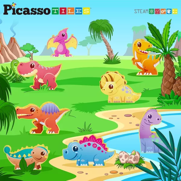 imagePicassoTiles Magnet Building Tile Blocks Addon 8 Magnetized Action Figures Construction Vehicle Zoo Animal Theme Compatible with Magnetic Build Tiles Playset STEM Learning Girls Boys Ages 3 PTA21Dinosaur