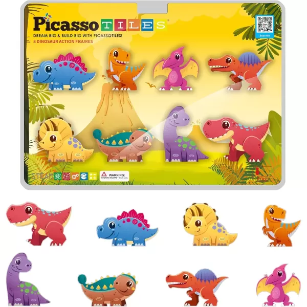imagePicassoTiles Magnet Building Tile Blocks Addon 8 Magnetized Action Figures Construction Vehicle Zoo Animal Theme Compatible with Magnetic Build Tiles Playset STEM Learning Girls Boys Ages 3 PTA21Dinosaur