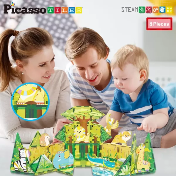 imagePicassoTiles Magnet Building Tile Blocks Addon 8 Magnetized Action Figures Construction Vehicle Zoo Animal Theme Compatible with Magnetic Build Tiles Playset STEM Learning Girls Boys Ages 3 PTA21Safari