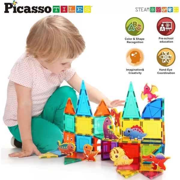 imagePicassoTiles Magnet Building Tile Blocks Addon 8 Magnetized Action Figures Construction Vehicle Zoo Animal Theme Compatible with Magnetic Build Tiles Playset STEM Learning Girls Boys Ages 3 PTA21Dinosaur