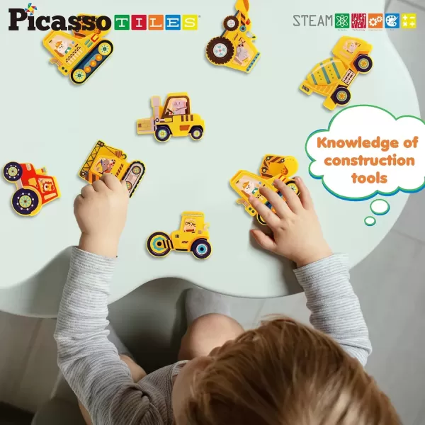imagePicassoTiles Magnet Building Tile Blocks Addon 8 Magnetized Action Figures Construction Vehicle Zoo Animal Theme Compatible with Magnetic Build Tiles Playset STEM Learning Girls Boys Ages 3 PTA21Construction