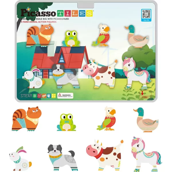 imagePicassoTiles Magnet Building Tile Blocks Addon 8 Magnetized Action Figures Construction Vehicle Zoo Animal Theme Compatible with Magnetic Build Tiles Playset STEM Learning Girls Boys Ages 3 PTA21Farm