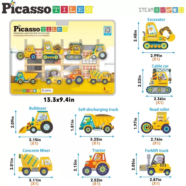 imagePicassoTiles Magnet Building Tile Blocks Addon 8 Magnetized Action Figures Construction Vehicle Zoo Animal Theme Compatible with Magnetic Build Tiles Playset STEM Learning Girls Boys Ages 3 PTA21Construction