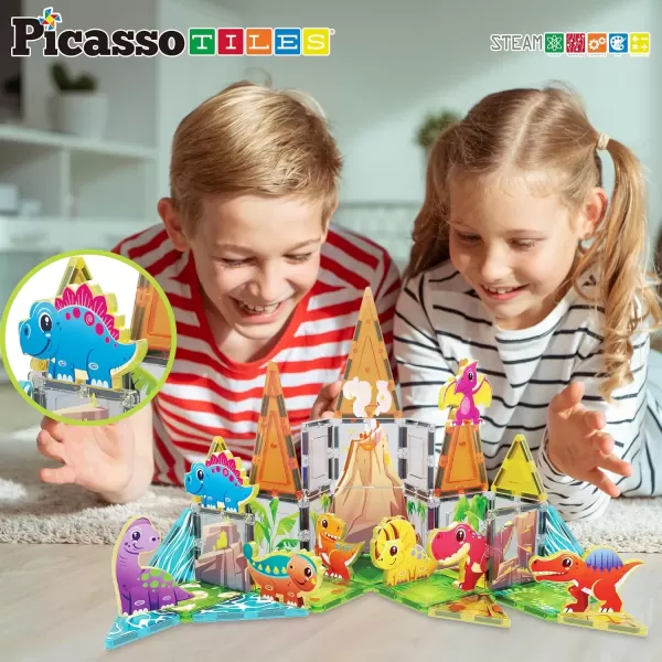 imagePicassoTiles Magnet Building Tile Blocks Addon 8 Magnetized Action Figures Construction Vehicle Zoo Animal Theme Compatible with Magnetic Build Tiles Playset STEM Learning Girls Boys Ages 3 PTA21Dinosaur