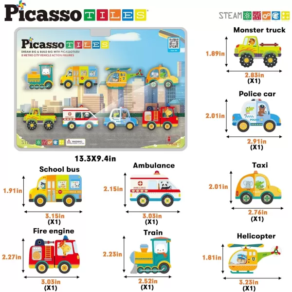 imagePicassoTiles Magnet Building Tile Blocks Addon 8 Magnetized Action Figures Construction Vehicle Zoo Animal Theme Compatible with Magnetic Build Tiles Playset STEM Learning Girls Boys Ages 3 PTA21Metro