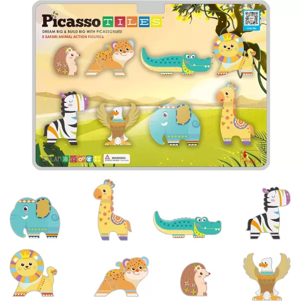 imagePicassoTiles Magnet Building Tile Blocks Addon 8 Magnetized Action Figures Construction Vehicle Zoo Animal Theme Compatible with Magnetic Build Tiles Playset STEM Learning Girls Boys Ages 3 PTA21Safari