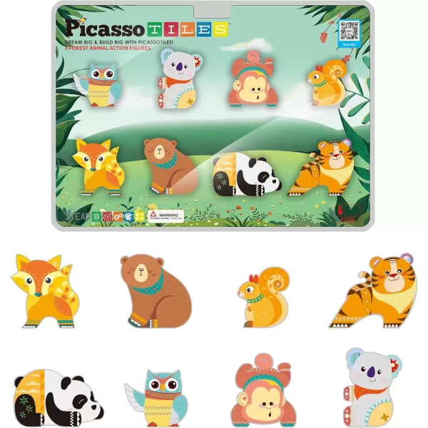 imagePicassoTiles Magnet Building Tile Blocks Addon 8 Magnetized Action Figures Construction Vehicle Zoo Animal Theme Compatible with Magnetic Build Tiles Playset STEM Learning Girls Boys Ages 3 PTA21Forest