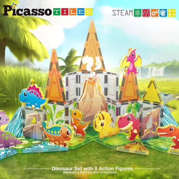 imagePicassoTiles Magnet Tile Building Block Safari Themed Set with 8 Compatible Magnetized Animal Action Figures Build Blocks Toddler Creativity Toys STEAM Educational Learning Skills Ages 3 PTQ12Dinosaur Theme