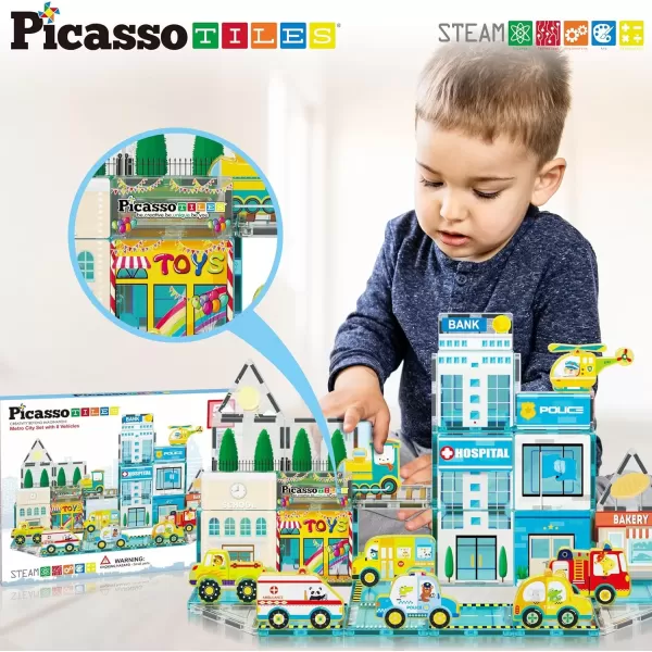 imagePicassoTiles Magnet Tile Building Block Safari Themed Set with 8 Compatible Magnetized Animal Action Figures Build Blocks Toddler Creativity Toys STEAM Educational Learning Skills Ages 3 PTQ12Metro City Theme