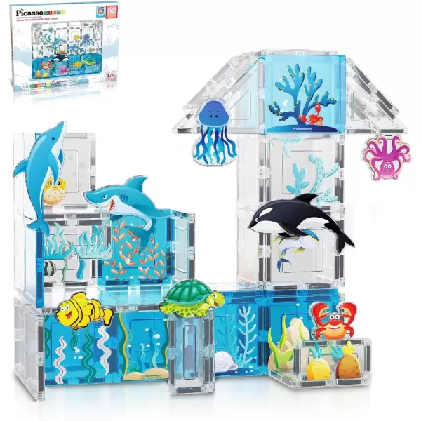 imagePicassoTiles Magnet Tile Building Block Safari Themed Set with 8 Compatible Magnetized Animal Action Figures Build Blocks Toddler Creativity Toys STEAM Educational Learning Skills Ages 3 PTQ12Marine Theme