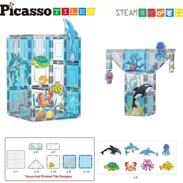 imagePicassoTiles Magnet Tile Building Block Safari Themed Set with 8 Compatible Magnetized Animal Action Figures Build Blocks Toddler Creativity Toys STEAM Educational Learning Skills Ages 3 PTQ12Marine Theme