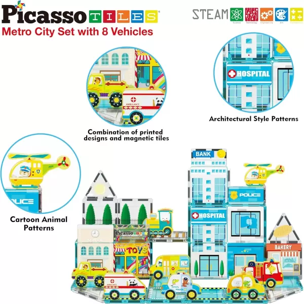 imagePicassoTiles Magnet Tile Building Block Safari Themed Set with 8 Compatible Magnetized Animal Action Figures Build Blocks Toddler Creativity Toys STEAM Educational Learning Skills Ages 3 PTQ12Metro City Theme