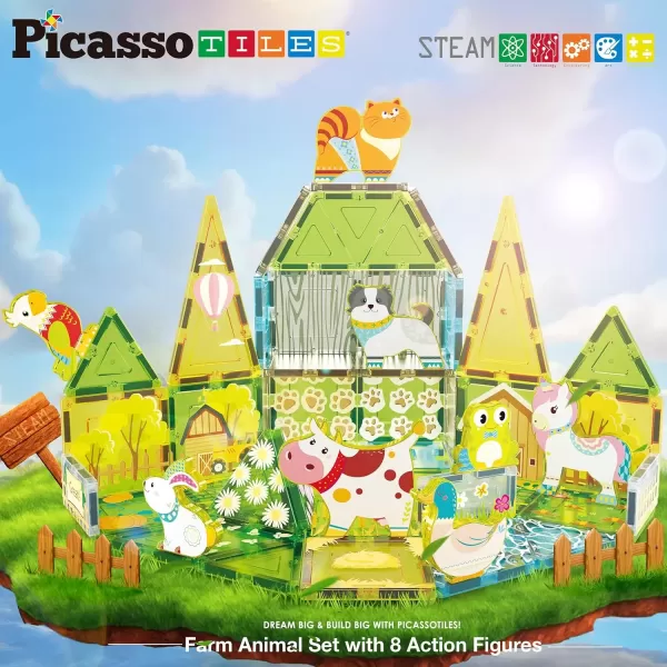 imagePicassoTiles Magnet Tile Building Block Safari Themed Set with 8 Compatible Magnetized Animal Action Figures Build Blocks Toddler Creativity Toys STEAM Educational Learning Skills Ages 3 PTQ12Farm