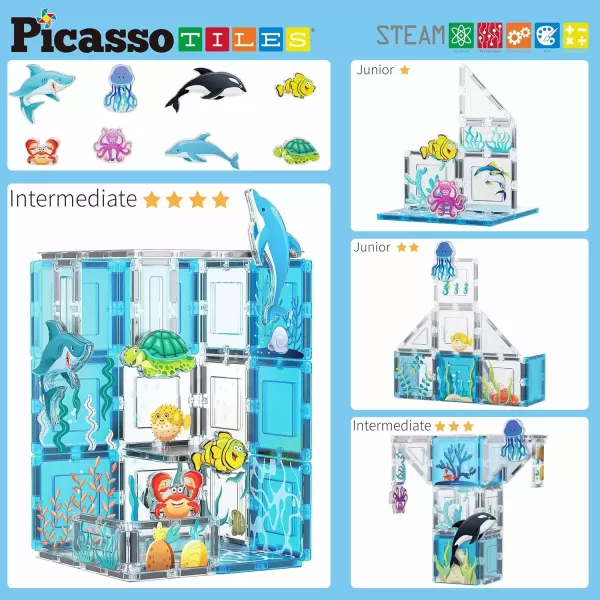 imagePicassoTiles Magnet Tile Building Block Safari Themed Set with 8 Compatible Magnetized Animal Action Figures Build Blocks Toddler Creativity Toys STEAM Educational Learning Skills Ages 3 PTQ12Marine Theme