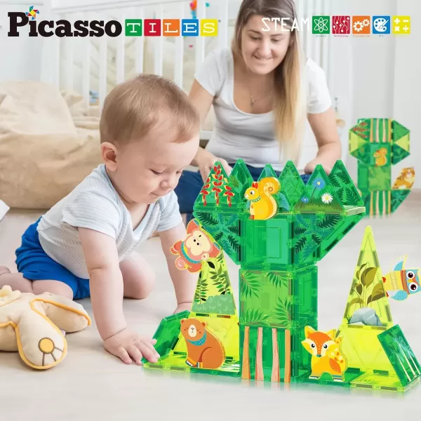 imagePicassoTiles Magnet Tile Building Block Safari Themed Set with 8 Compatible Magnetized Animal Action Figures Build Blocks Toddler Creativity Toys STEAM Educational Learning Skills Ages 3 PTQ12Forest Theme