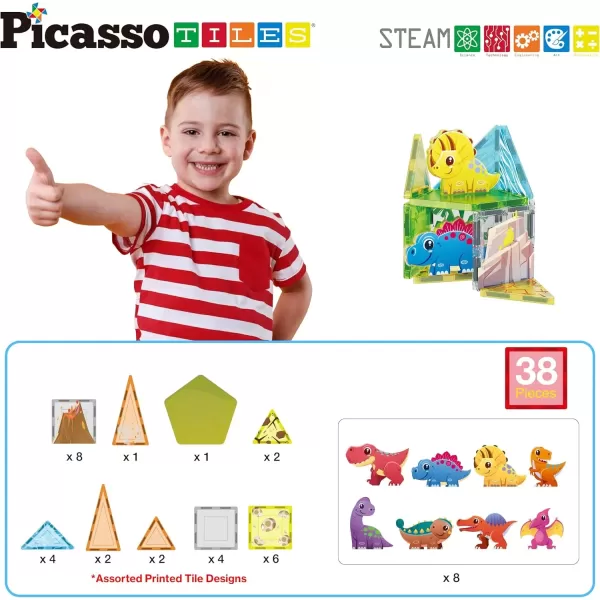 imagePicassoTiles Magnet Tile Building Block Safari Themed Set with 8 Compatible Magnetized Animal Action Figures Build Blocks Toddler Creativity Toys STEAM Educational Learning Skills Ages 3 PTQ12Dinosaur Theme