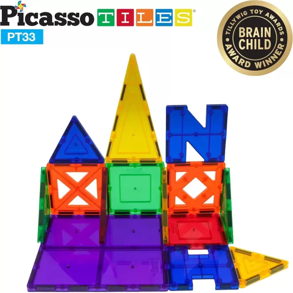 imagePicassoTiles Magnet Tile Building Block Set Magnetic Construction Square Triangle Tiles Toy Kit Sparking Creativity Geometric Shapes STEM Educational Learning Brain Development Kids Ages 3 PB12PT33