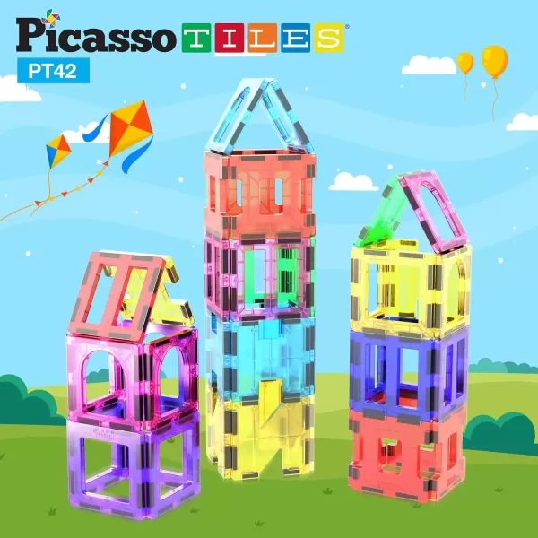imagePicassoTiles Magnet Tile Building Block Set Magnetic Construction Square Triangle Tiles Toy Kit Sparking Creativity Geometric Shapes STEM Educational Learning Brain Development Kids Ages 3 PB12PT42