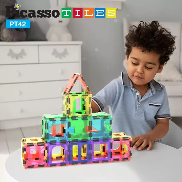 imagePicassoTiles Magnet Tile Building Block Set Magnetic Construction Square Triangle Tiles Toy Kit Sparking Creativity Geometric Shapes STEM Educational Learning Brain Development Kids Ages 3 PB12PT42