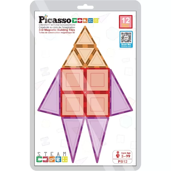 imagePicassoTiles Magnet Tile Building Block Set Magnetic Construction Square Triangle Tiles Toy Kit Sparking Creativity Geometric Shapes STEM Educational Learning Brain Development Kids Ages 3 PB12PB12
