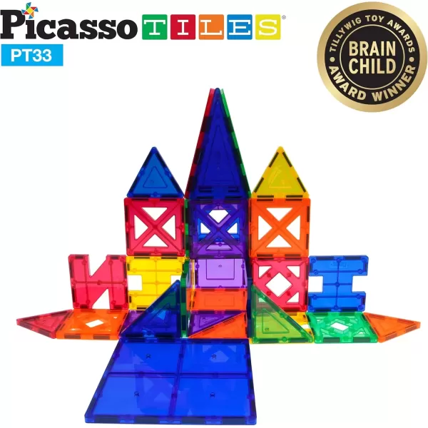 imagePicassoTiles Magnet Tile Building Block Set Magnetic Construction Square Triangle Tiles Toy Kit Sparking Creativity Geometric Shapes STEM Educational Learning Brain Development Kids Ages 3 PB12PT33