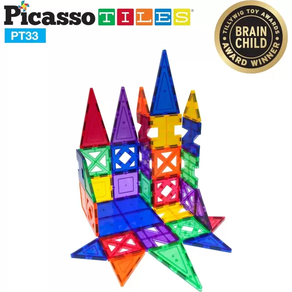 imagePicassoTiles Magnet Tile Building Block Set Magnetic Construction Square Triangle Tiles Toy Kit Sparking Creativity Geometric Shapes STEM Educational Learning Brain Development Kids Ages 3 PB12PT33