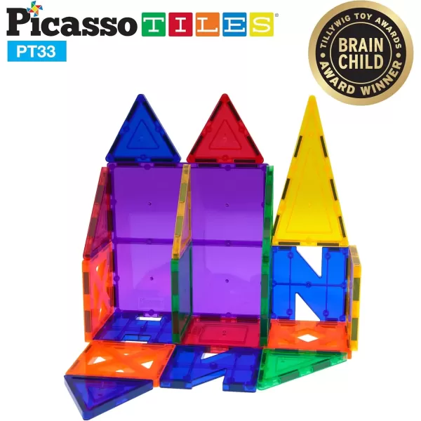 imagePicassoTiles Magnet Tile Building Block Set Magnetic Construction Square Triangle Tiles Toy Kit Sparking Creativity Geometric Shapes STEM Educational Learning Brain Development Kids Ages 3 PB12PT33
