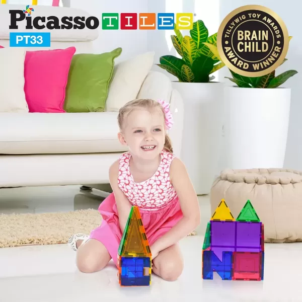 imagePicassoTiles Magnet Tile Building Block Set Magnetic Construction Square Triangle Tiles Toy Kit Sparking Creativity Geometric Shapes STEM Educational Learning Brain Development Kids Ages 3 PB12PT33
