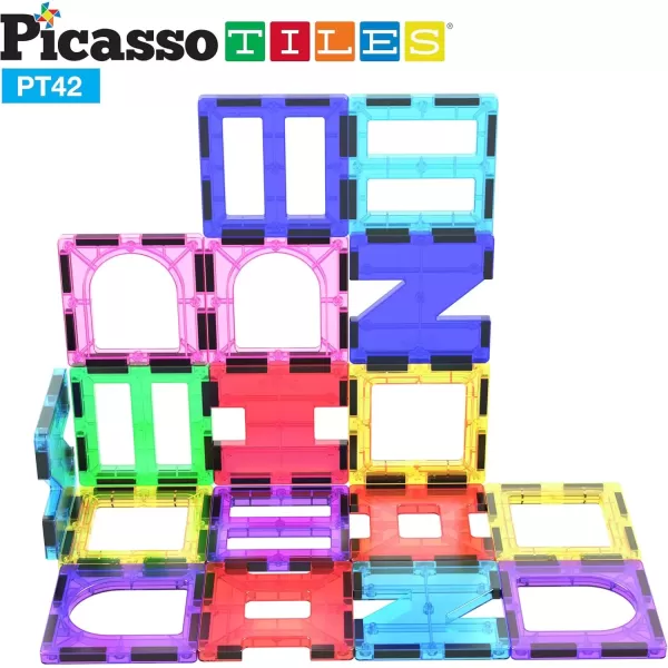 imagePicassoTiles Magnet Tile Building Block Set Magnetic Construction Square Triangle Tiles Toy Kit Sparking Creativity Geometric Shapes STEM Educational Learning Brain Development Kids Ages 3 PB12PT42
