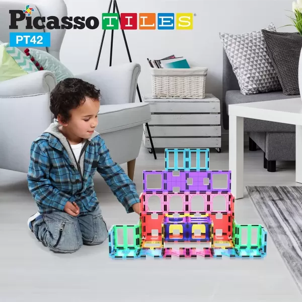 imagePicassoTiles Magnet Tile Building Block Set Magnetic Construction Square Triangle Tiles Toy Kit Sparking Creativity Geometric Shapes STEM Educational Learning Brain Development Kids Ages 3 PB12PT42