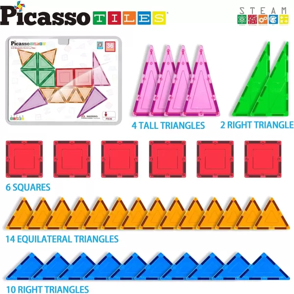 imagePicassoTiles Magnet Tile Building Block Set Magnetic Construction Square Triangle Tiles Toy Kit Sparking Creativity Geometric Shapes STEM Educational Learning Brain Development Kids Ages 3 PB12PB36