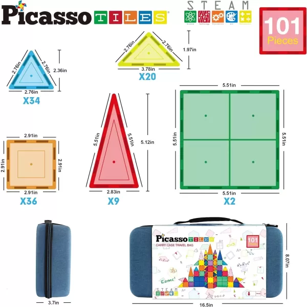 imagePicassoTiles Magnetic Building Block Large Square Shape Magnet Tiles Construction Toy STEM Learning Kit Educational Playset Playboard Pretend Play Stacking Blocks Child Brain Development PTE09101Pc w Carry Case