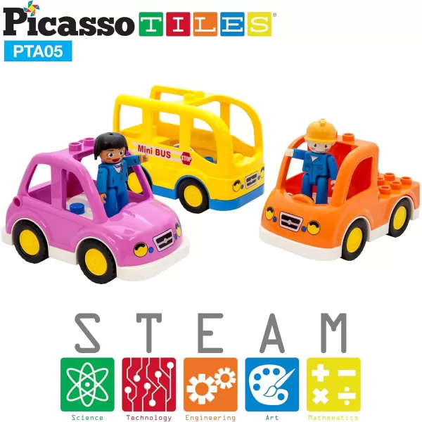 imagePicassoTiles Magnetic Figures 5 Piece Vehicle and Action Figure Set Including School Bus Car Truck and 2 Drivers Magnet Expansion Pack Toddler Toy Kit Pretend Playset for Construction Building BlockVehicle
