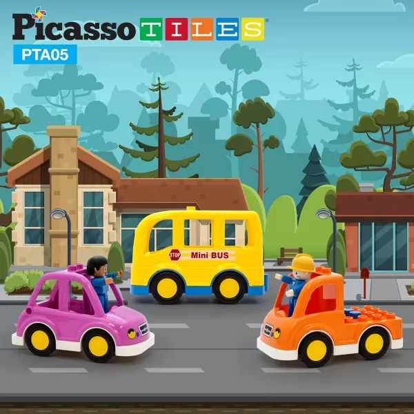 imagePicassoTiles Magnetic Figures 5 Piece Vehicle and Action Figure Set Including School Bus Car Truck and 2 Drivers Magnet Expansion Pack Toddler Toy Kit Pretend Playset for Construction Building BlockVehicle