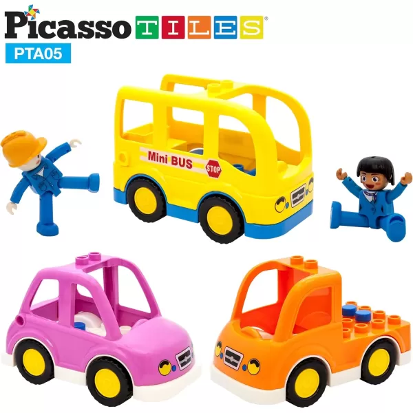imagePicassoTiles Magnetic Figures 5 Piece Vehicle and Action Figure Set Including School Bus Car Truck and 2 Drivers Magnet Expansion Pack Toddler Toy Kit Pretend Playset for Construction Building BlockVehicle