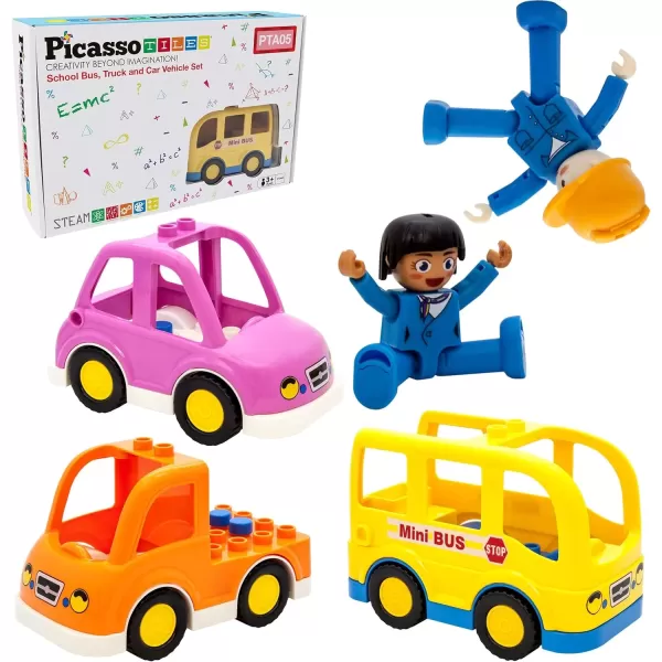 imagePicassoTiles Magnetic Figures 5 Piece Vehicle and Action Figure Set Including School Bus Car Truck and 2 Drivers Magnet Expansion Pack Toddler Toy Kit Pretend Playset for Construction Building BlockVehicle