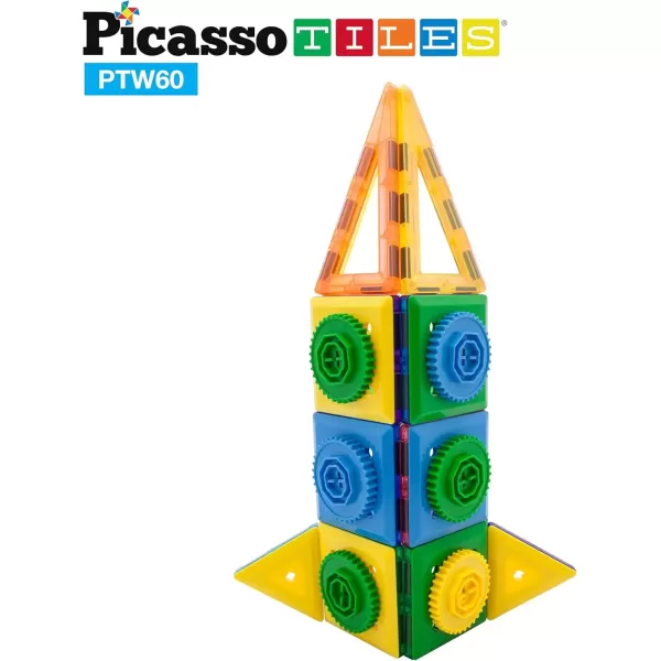 imagePicassoTiles PTW60 2in1 60pcs 3D Magnetic Tile ampamp Gear Spinning Wheel Learning STEM Building Toy Magnet Construction Toy Educational Engineering Playset wWheel Geer Magnetic Tiles for Preschool