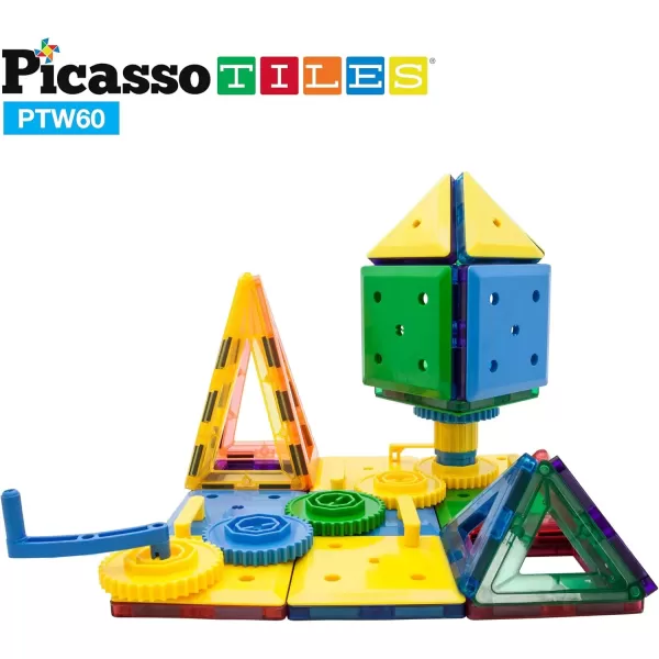 imagePicassoTiles PTW60 2in1 60pcs 3D Magnetic Tile ampamp Gear Spinning Wheel Learning STEM Building Toy Magnet Construction Toy Educational Engineering Playset wWheel Geer Magnetic Tiles for Preschool
