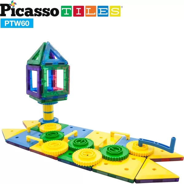 imagePicassoTiles PTW60 2in1 60pcs 3D Magnetic Tile ampamp Gear Spinning Wheel Learning STEM Building Toy Magnet Construction Toy Educational Engineering Playset wWheel Geer Magnetic Tiles for Preschool