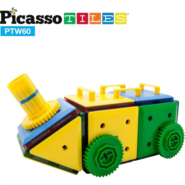 imagePicassoTiles PTW60 2in1 60pcs 3D Magnetic Tile ampamp Gear Spinning Wheel Learning STEM Building Toy Magnet Construction Toy Educational Engineering Playset wWheel Geer Magnetic Tiles for Preschool