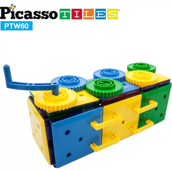 imagePicassoTiles PTW60 2in1 60pcs 3D Magnetic Tile ampamp Gear Spinning Wheel Learning STEM Building Toy Magnet Construction Toy Educational Engineering Playset wWheel Geer Magnetic Tiles for Preschool
