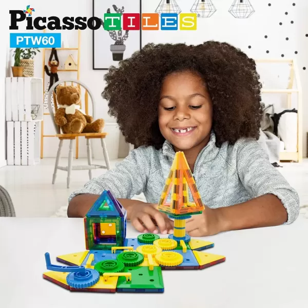 imagePicassoTiles PTW60 2in1 60pcs 3D Magnetic Tile ampamp Gear Spinning Wheel Learning STEM Building Toy Magnet Construction Toy Educational Engineering Playset wWheel Geer Magnetic Tiles for Preschool